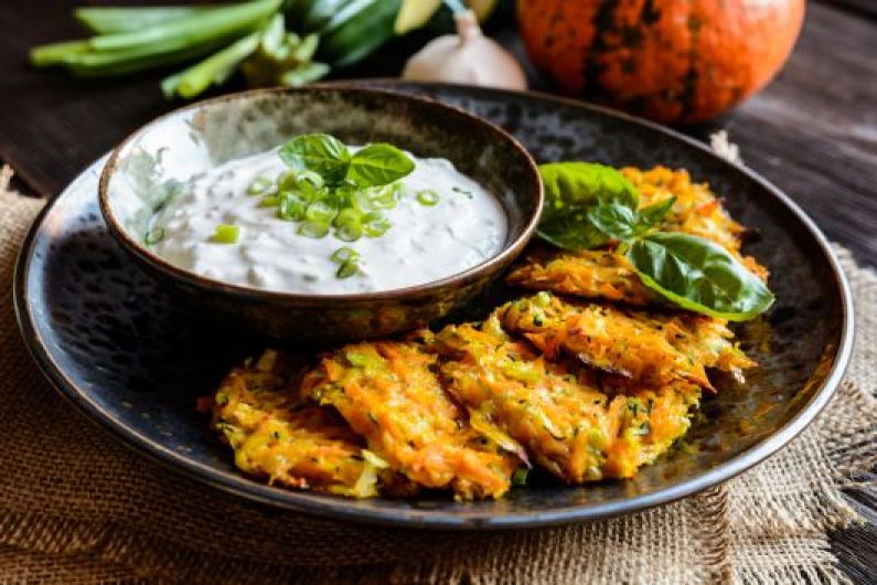 Zucchini and Carrot Fritters with Sour Cream and Chives Dip